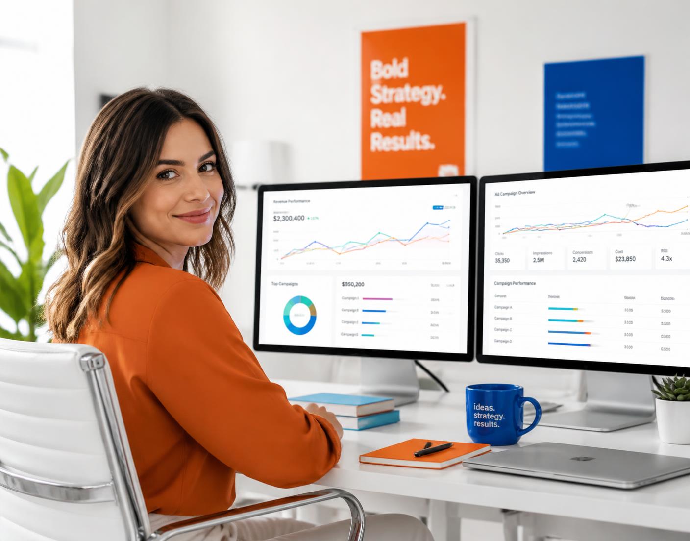 Gestor de tráfego analisando dashboards de campanhas em uma agência de marketing